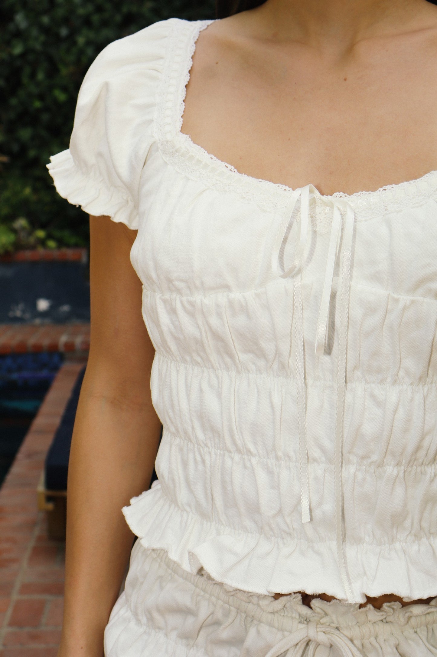 White Denim Ruffled Puff Sleeve Top