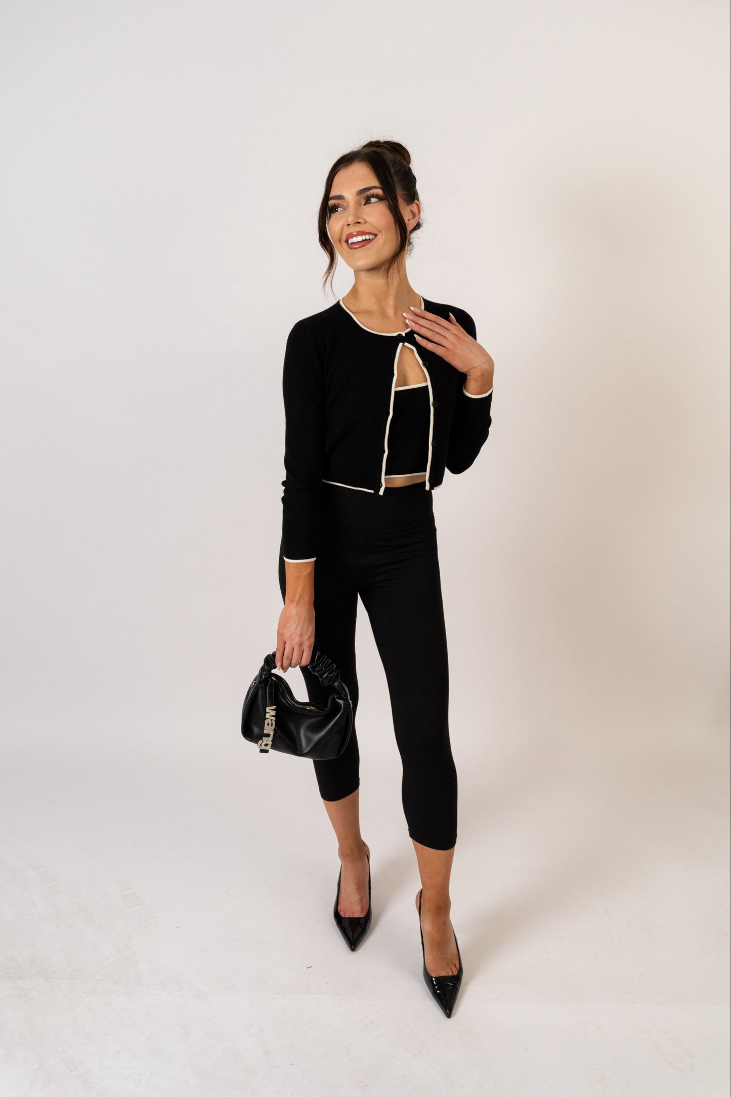 Contrast Crop & Cardigan Two-Piece Set