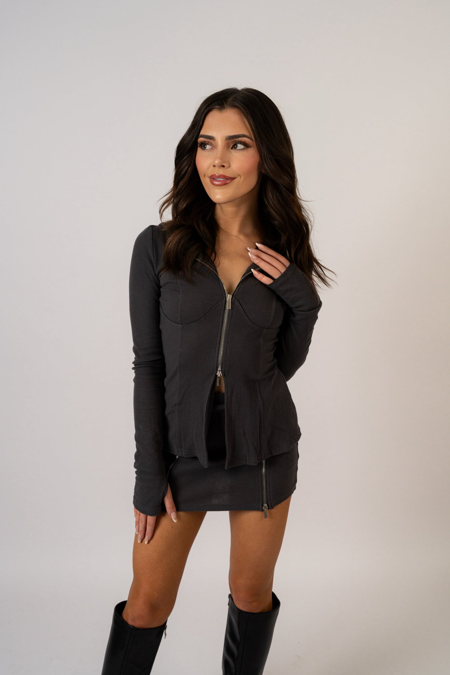 Ribbed zip-up hoodie w/ mini skort set