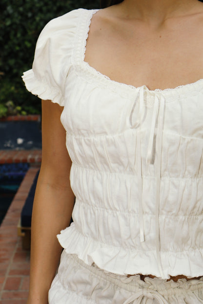White Denim Ruffled Puff Sleeve Top
