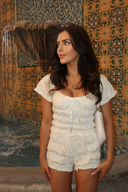 White Denim Ruffled Puff Sleeve Top